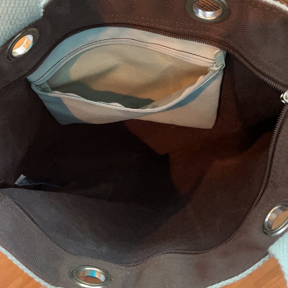 Gap purse shoulder bag tote brown canvas handbag blue handles beach pocketbook - Picture 3 of 8